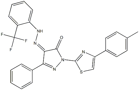 1-[4-(4-methylphenyl)-1,3-thiazol-2-yl]-3-phenyl-1H-pyrazole-4,5-dione 4-{N-[2-(trifluoromethyl)phenyl]hydrazone} Struktur