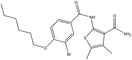 2-{[3-bromo-4-(hexyloxy)benzoyl]amino}-4,5-dimethyl-3-thiophenecarboxamide Struktur