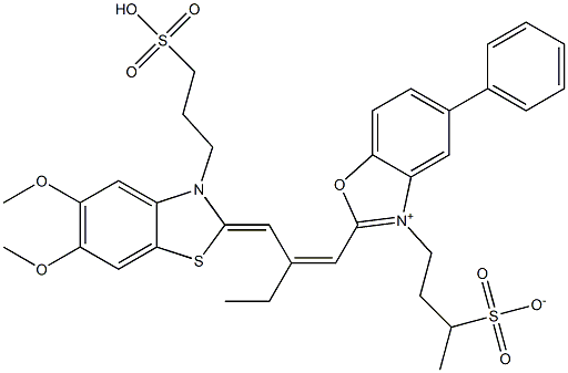 2-[2-[[5,6-Dimethoxy-3-(3-sulfopropyl)benzothiazol-2(3H)-ylidene]methyl]-1-butenyl]-5-phenyl-3-(3-sulfonatobutyl)benzoxazolium Struktur