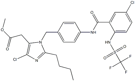 2-Butyl-4-chloro-1-[4-[5-chloro-2-(trifluoromethylsulfonylamino)benzoylamino]benzyl]-1H-imidazole-5-acetic acid methyl ester Struktur