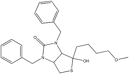 2,4-Dibenzyl-6-hydroxy-6-(4-methoxybutyl)-7-thia-2,4-diazabicyclo[3.3.0]octan-3-one Struktur