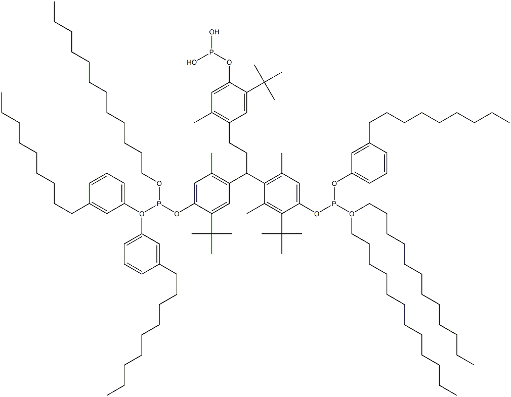 [3-Methyl-1,1,3-propanetriyltris(2-tert-butyl-5-methyl-4,1-phenyleneoxy)]tris(phosphonous acid)O,O',O'-tridodecyl O,O'',O''-tris(3-nonylphenyl) ester Struktur