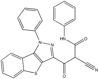 2-Cyano-3-oxo-3-[(1-phenyl-1H-[1]benzothieno[3,2-c]pyrazol)-3-yl]-N-phenylpropanamide Struktur