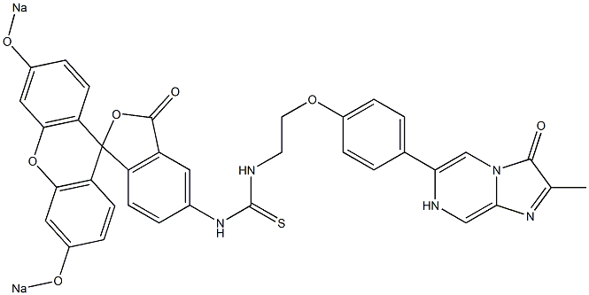 3,7-Dihydro-6-[4-[2-[N'-[3',6'-di(sodiooxy)-3-oxospiro[isobenzofuran-1(3H),9'-[9H]xanthen]-5-yl]thioureido]ethoxy]phenyl]-2-methylimidazo[1,2-a]pyrazin-3-one Struktur