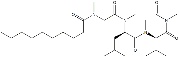 (2R)-N,3-Dimethyl-N-formyl-2-[methyl[(R)-4-methyl-2-[methyl[[methyl(1-oxodecyl)amino]acetyl]amino]valeryl]amino]butyramide Struktur