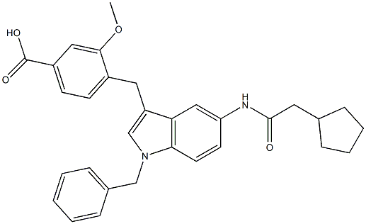 4-[5-Cyclopentylacetylamino-1-benzyl-1H-indol-3-ylmethyl]-3-methoxybenzoic acid Struktur