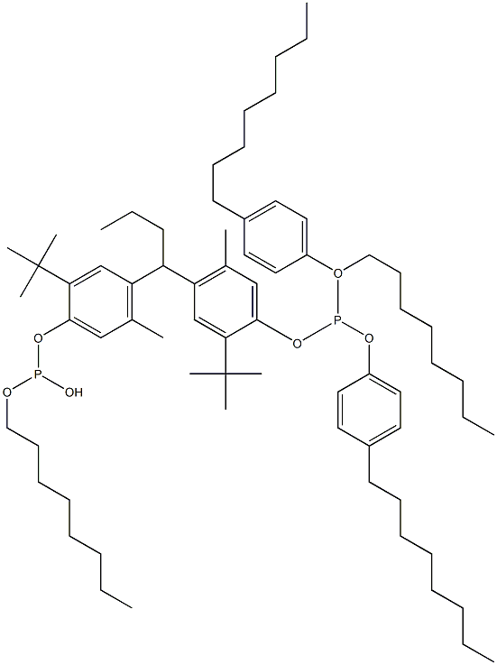 [Butylidenebis(2-tert-butyl-5-methyl-4,1-phenyleneoxy)]bis(phosphonous acid)O,O'-dioctyl O,O'-bis(4-octylphenyl) ester Struktur