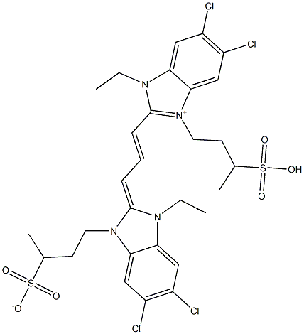 4-[[5,6-Dichloro-2-[3-[[5,6-dichloro-1-ethyl-2,3-dihydro-3-(3-sulfonatobutyl)-1H-benzimidazol]-2-ylidene]-1-propenyl]-1-ethyl-1H-benzimidazol-3-ium]-3-yl]-2-butanesulfonic acid Struktur