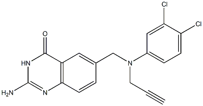 2-Amino-6-[N-(3,4-dichlorophenyl)-N-(2-propynyl)aminomethyl]quinazolin-4(3H)-one Struktur