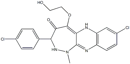 2-Chloro-8-(p-chlorophenyl)-10-(2-hydroxyethoxy)-6-methyl-6,7-dihydro-5,6,7,11-tetraaza-11H-cyclohepta[b]naphthalen-9(8H)-one Struktur