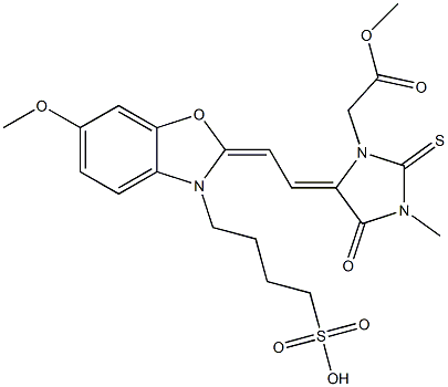 5-[2-[6-Methoxy-3-(4-hydroxysulfonylbutyl)benzoxazol-2(3H)-ylidene]ethylidene]-3-methyl-4-oxo-2-thioxo-1-imidazolidineacetic acid methyl ester Struktur