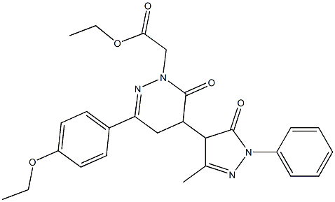 4,5-Dihydro-6-(4-ethoxyphenyl)-4-[(4,5-dihydro-5-oxo-3-methyl-1-phenyl-1H-pyrazol)-4-yl]-2-(ethoxycarbonylmethyl)pyridazin-3(2H)-one Struktur