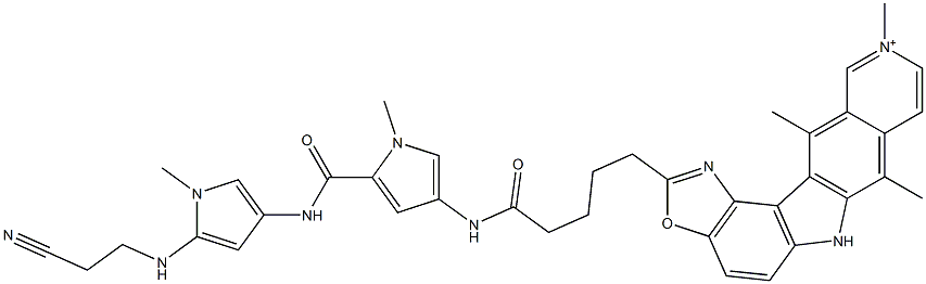 7,10,12-Trimethyl-2-[4-[[5-[[1-methyl-5-[(2-cyanoethyl)amino]-1H-pyrrol-3-yl]aminocarbonyl]-1-methyl-1H-pyrrol-3-yl]aminocarbonyl]butyl]-6H-oxazolo[4,5-g]pyrido[4,3-b]carbazol-10-ium Struktur