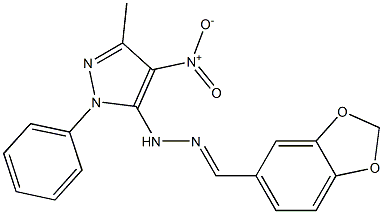 1-(1-Phenyl-3-methyl-4-nitro-1H-pyrazol-5-yl)-2-[3,4-(methylenedioxy)benzylidene]hydrazine Struktur