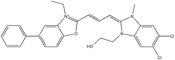 2-[3-[[5,6-Dichloro-1,3-dihydro-1-(2-hydroxyethyl)-3-methyl-2H-benzimidazol]-2-ylidene]-1-propenyl]-3-ethyl-5-phenylbenzoxazol-3-ium Struktur