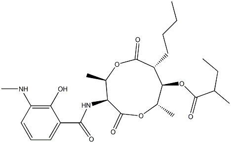 2-Methylbutanoic acid (3S,4R,7R,8R,9S)-3-[(3-methylamino-2-hydroxybenzoyl)amino]-4,9-dimethyl-2,6-dioxo-7-butyl-1,5-dioxonan-8-yl ester Struktur