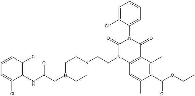 1,2,3,4-Tetrahydro-3-(2-chlorophenyl)-1-[2-[4-(2,6-dichlorophenylaminocarbonylmethyl)-1-piperazinyl]ethyl]-5,7-dimethyl-2,4-dioxoquinazoline-6-carboxylic acid ethyl ester Struktur