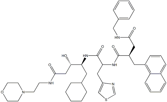 (3S,4S)-3-Hydroxy-5-cyclohexyl-4-[3-(4-thiazolyl)-2-[[(2R)-2-[benzylaminocarbonylmethyl]-3-(1-naphthalenyl)propionyl]amino]propionylamino]-N-(2-morpholinoethyl)valeramide Struktur