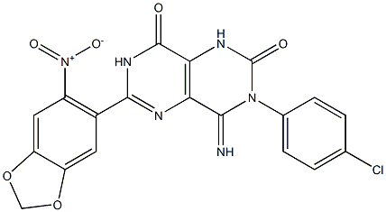 3-(4-Chlorophenyl)-4-imino-6-(6-nitrobenzo[d]1,3-dioxolen-5-yl)-1,3,7-trihydro-5,7-diazaquinazoline-2,8-dione Struktur