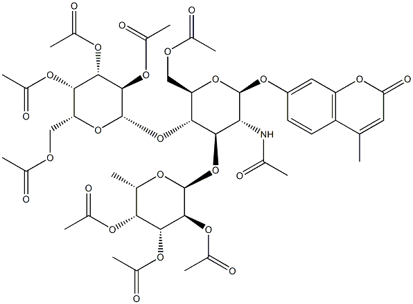 4-Methylumbelliferyl2-acetamido-3-O-(2,3,4-tri-O-acetyl-a-L-fucopyranosyl)-4-O-(2,3,4,6-tetra-O-acetyl-b-D-galactopyranosyl)-6-O-acetyl-2-deoxy-b-D-glucopyranoside Struktur