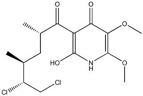 3-[(2S,4S,5R)-5,6-dichloro-2,4-dimethyl-hexanoyl]-2-hydroxy-5,6-dimethoxy-1H-pyridin-4-one Struktur