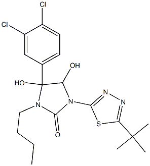 3-butyl-1-[5-(tert-butyl)-1,3,4-thiadiazol-2-yl]-4-(3,4-dichlorophenyl)-4,5-dihydroxyimidazolidin-2-one Struktur