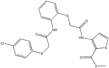 methyl 3-[(2-{[2-({2-[(4-chlorophenyl)sulfanyl]acetyl}amino)phenyl]sulfanyl}acetyl)amino]-2-thiophenecarboxylate Struktur