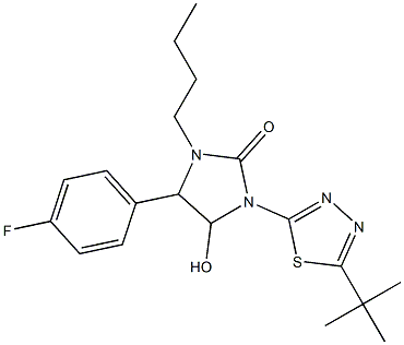 1-butyl-3-[5-(tert-butyl)-1,3,4-thiadiazol-2-yl]-5-(4-fluorophenyl)-4-hydroxyimidazolidin-2-one Struktur