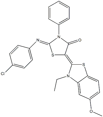 2-[(4-chlorophenyl)imino]-5-(3-ethyl-5-methoxy-1,3-benzothiazol-2(3H)-ylidene)-3-phenyl-1,3-thiazolidin-4-one Struktur