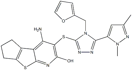 4-amino-3-{[5-(1,3-dimethyl-1H-pyrazol-5-yl)-4-(2-furylmethyl)-4H-1,2,4-triazol-3-yl]sulfanyl}-6,7-dihydro-5H-cyclopenta[4,5]thieno[2,3-b]pyridin-2-ol Struktur