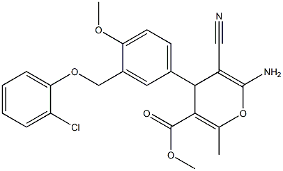 methyl 6-amino-4-{3-[(2-chlorophenoxy)methyl]-4-methoxyphenyl}-5-cyano-2-methyl-4H-pyran-3-carboxylate Struktur