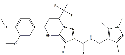 3-chloro-5-(3,4-dimethoxyphenyl)-7-(trifluoromethyl)-N-[(1,3,5-trimethyl-1H-pyrazol-4-yl)methyl]-4,5,6,7-tetrahydropyrazolo[1,5-a]pyrimidine-2-carboxamide Struktur