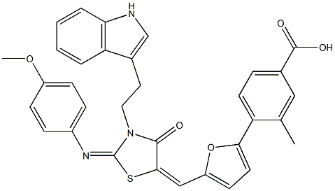 4-[5-({3-[2-(1H-indol-3-yl)ethyl]-2-[(4-methoxyphenyl)imino]-4-oxo-1,3-thiazolidin-5-ylidene}methyl)-2-furyl]-3-methylbenzoic acid Struktur