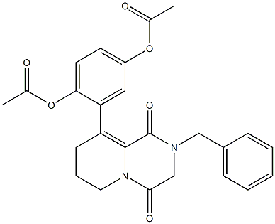 4-(acetyloxy)-2-(2-benzyl-1,4-dioxo-1,3,4,6,7,8-hexahydro-2H-pyrido[1,2-a]pyrazin-9-yl)phenyl acetate Struktur