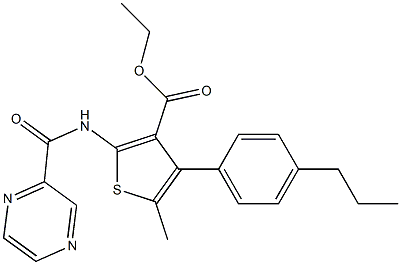 ethyl 5-methyl-4-(4-propylphenyl)-2-[(2-pyrazinylcarbonyl)amino]-3-thiophenecarboxylate Struktur