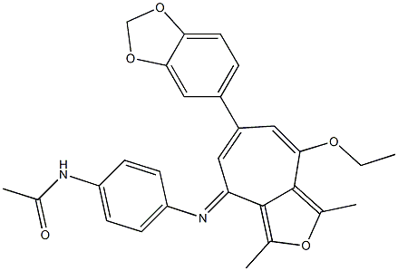 N-(4-{[6-(1,3-benzodioxol-5-yl)-8-ethoxy-1,3-dimethyl-4H-cyclohepta[c]furan-4-ylidene]amino}phenyl)acetamide Struktur