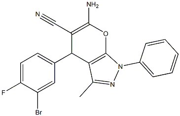 6-amino-4-(3-bromo-4-fluorophenyl)-3-methyl-1-phenyl-1,4-dihydropyrano[2,3-c]pyrazole-5-carbonitrile Struktur