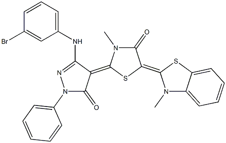 2-[3-(3-bromoanilino)-5-oxo-1-phenyl-1,5-dihydro-4H-pyrazol-4-ylidene]-3-methyl-5-(3-methyl-1,3-benzothiazol-2(3H)-ylidene)-1,3-thiazolidin-4-one Struktur