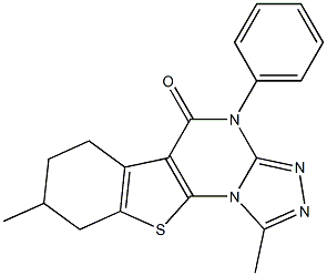 1,8-dimethyl-4-phenyl-6,7,8,9-tetrahydro[1]benzothieno[3,2-e][1,2,4]triazolo[4,3-a]pyrimidin-5(4H)-one Struktur