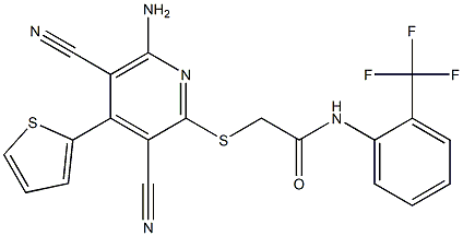 2-{[6-amino-3,5-dicyano-4-(2-thienyl)-2-pyridinyl]sulfanyl}-N-[2-(trifluoromethyl)phenyl]acetamide Struktur