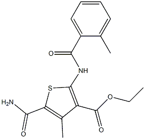 ethyl 5-(aminocarbonyl)-4-methyl-2-[(2-methylbenzoyl)amino]-3-thiophenecarboxylate Struktur