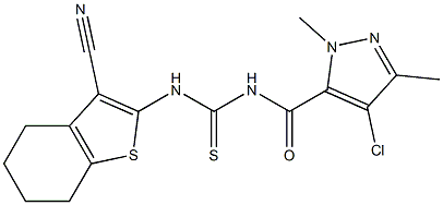 N-[(4-chloro-1,3-dimethyl-1H-pyrazol-5-yl)carbonyl]-N'-(3-cyano-4,5,6,7-tetrahydro-1-benzothien-2-yl)thiourea Struktur