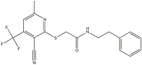 2-{[3-cyano-6-methyl-4-(trifluoromethyl)-2-pyridinyl]sulfanyl}-N-(2-phenylethyl)acetamide Struktur