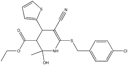 ethyl 6-[(4-chlorobenzyl)sulfanyl]-5-cyano-2-hydroxy-2-methyl-4-(2-thienyl)-1,2,3,4-tetrahydro-3-pyridinecarboxylate Struktur