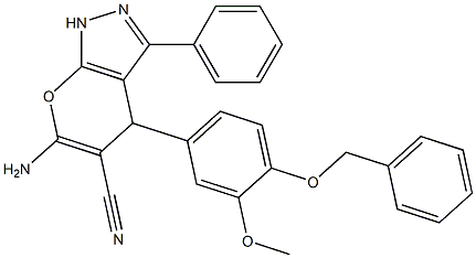 6-amino-4-[4-(benzyloxy)-3-methoxyphenyl]-3-phenyl-1,4-dihydropyrano[2,3-c]pyrazole-5-carbonitrile Struktur