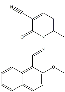 1-{[(E)-(2-methoxy-1-naphthyl)methylidene]amino}-4,6-dimethyl-2-oxo-1,2-dihydro-3-pyridinecarbonitrile Struktur