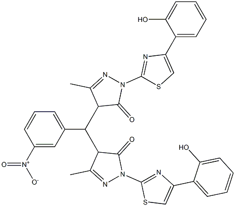 2-[4-(2-hydroxyphenyl)-1,3-thiazol-2-yl]-4-[{1-[4-(2-hydroxyphenyl)-1,3-thiazol-2-yl]-3-methyl-5-oxo-4,5-dihydro-1H-pyrazol-4-yl}(3-nitrophenyl)methyl]-5-methyl-2,4-dihydro-3H-pyrazol-3-one Struktur