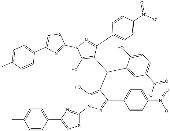 4-[[5-hydroxy-1-[4-(4-methylphenyl)-1,3-thiazol-2-yl]-3-(4-nitrophenyl)-1H-pyrazol-4-yl](2-hydroxy-5-nitrophenyl)methyl]-1-[4-(4-methylphenyl)-1,3-thiazol-2-yl]-3-(4-nitrophenyl)-1H-pyrazol-5-ol Struktur