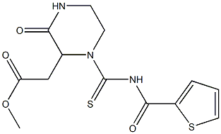 methyl 2-(3-oxo-1-{[(2-thienylcarbonyl)amino]carbothioyl}-2-piperazinyl)acetate Struktur