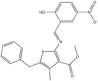 methyl 5-benzyl-2-{[(E)-(2-hydroxy-5-nitrophenyl)methylidene]amino}-4-methyl-3-thiophenecarboxylate Struktur